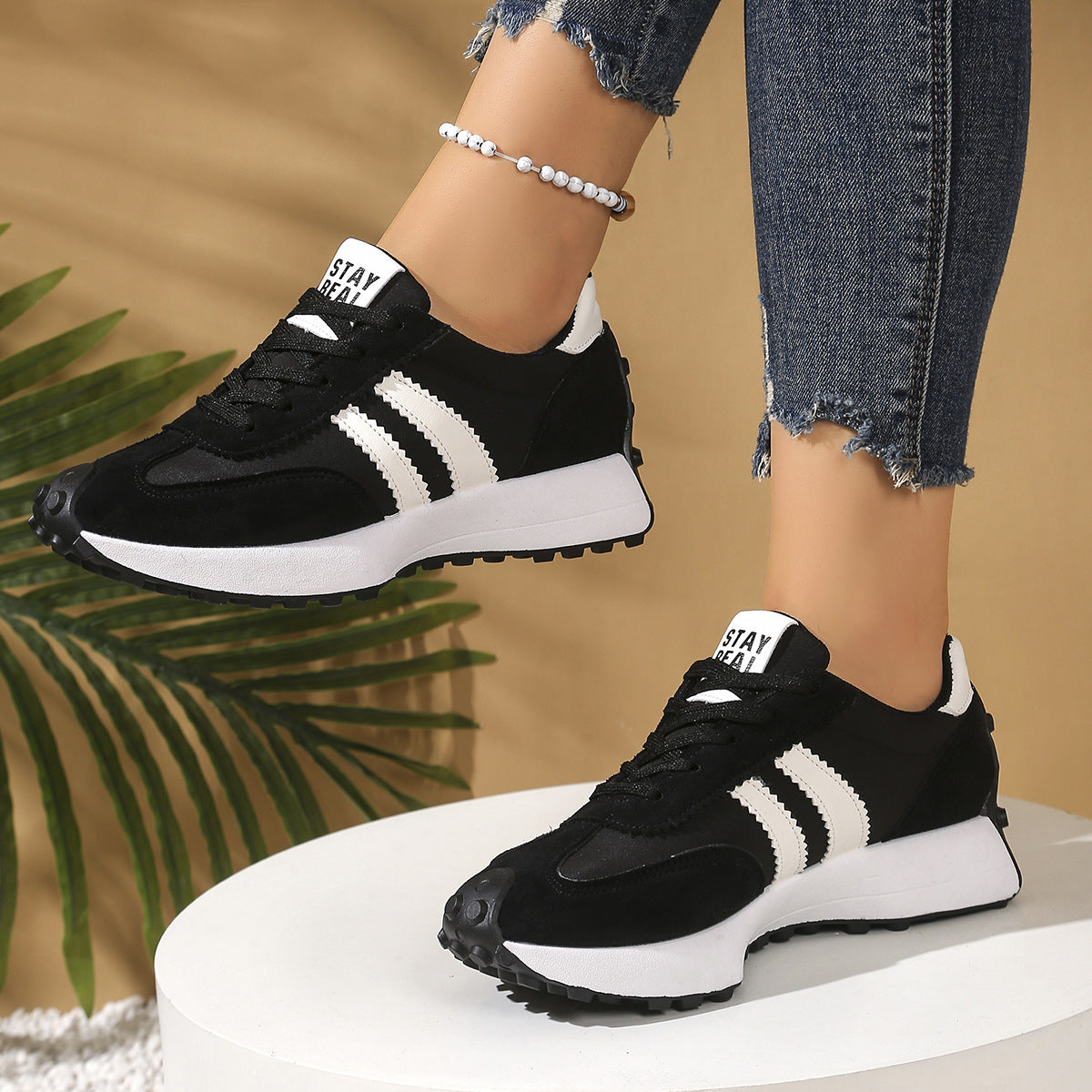 Stripe Lace-up Sneakers Women's Thick Bottom Casual Shoes Breathable Sports Shoes