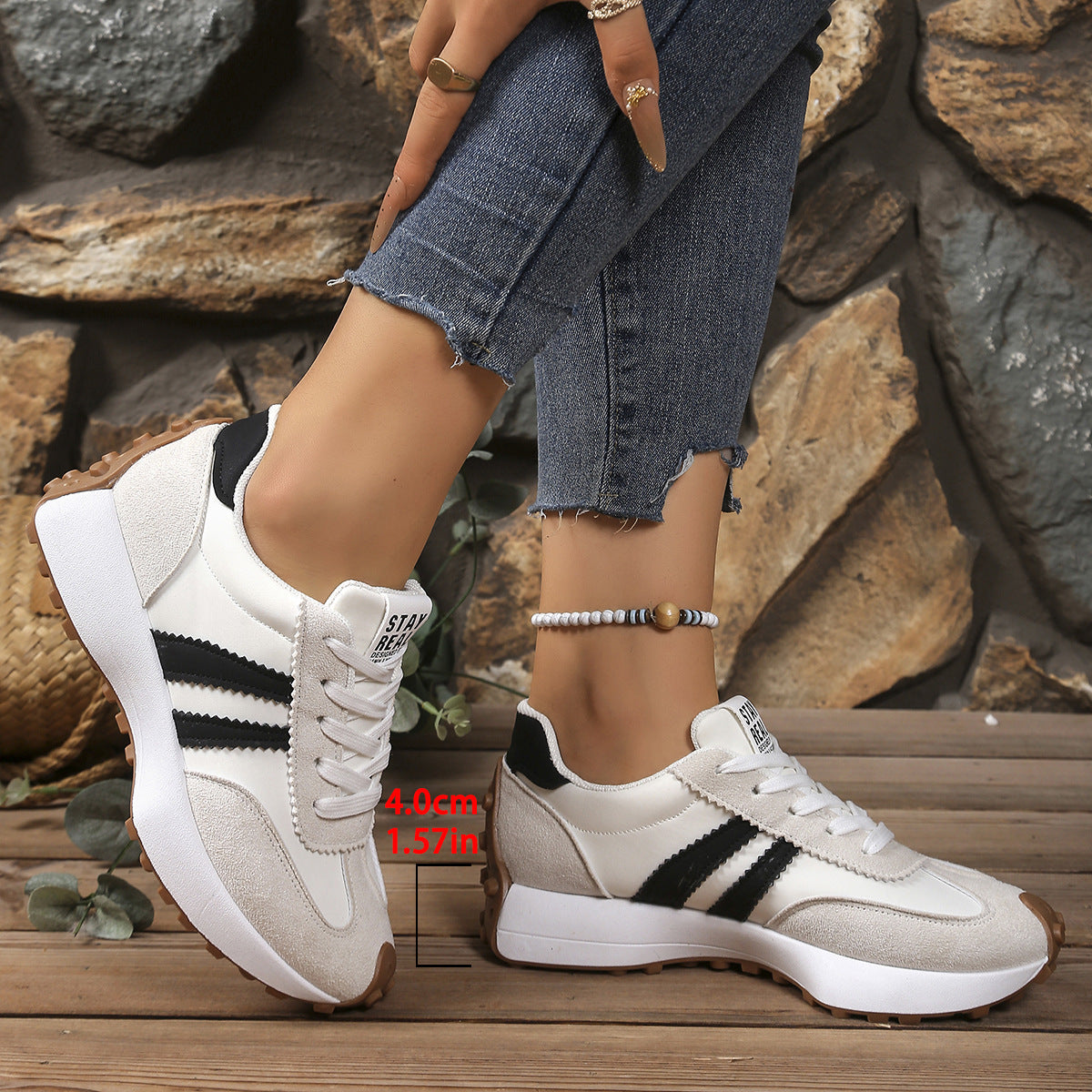 Stripe Lace-up Sneakers Women's Thick Bottom Casual Shoes Breathable Sports Shoes