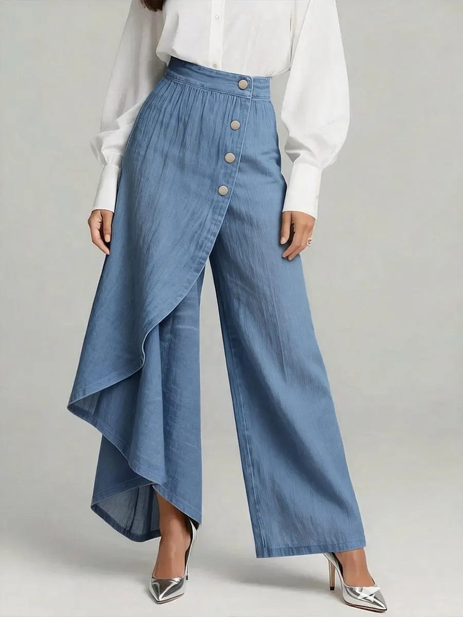 Unique Straight-leg Pants Fashion Large Ruffled Buttons Trousers Women's Faux Jeans Clothing